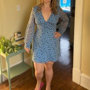 Blue long sleeve ditsy floral shirred dress.